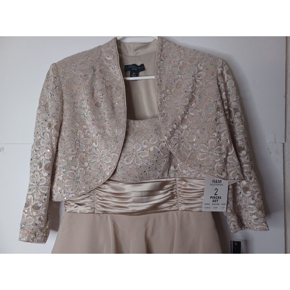 NWT R & M RICHARDS WOMEN'S BEIGE SEQUIN 2 PC DRESS SZ 12 PETITE - Picture 3 of 13